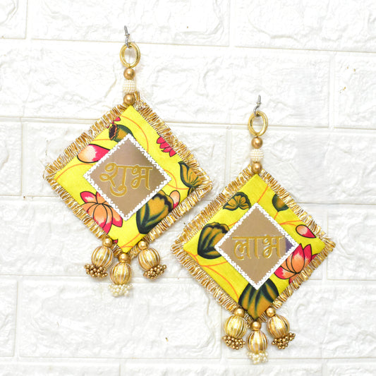 Colorful Shubh Labhs with floral patterns and gold accents