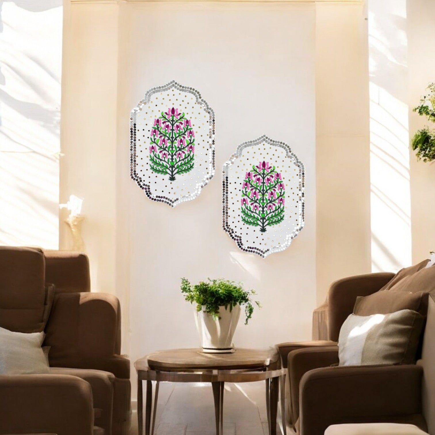 Decorative wall art with floral designs in a living room setting.