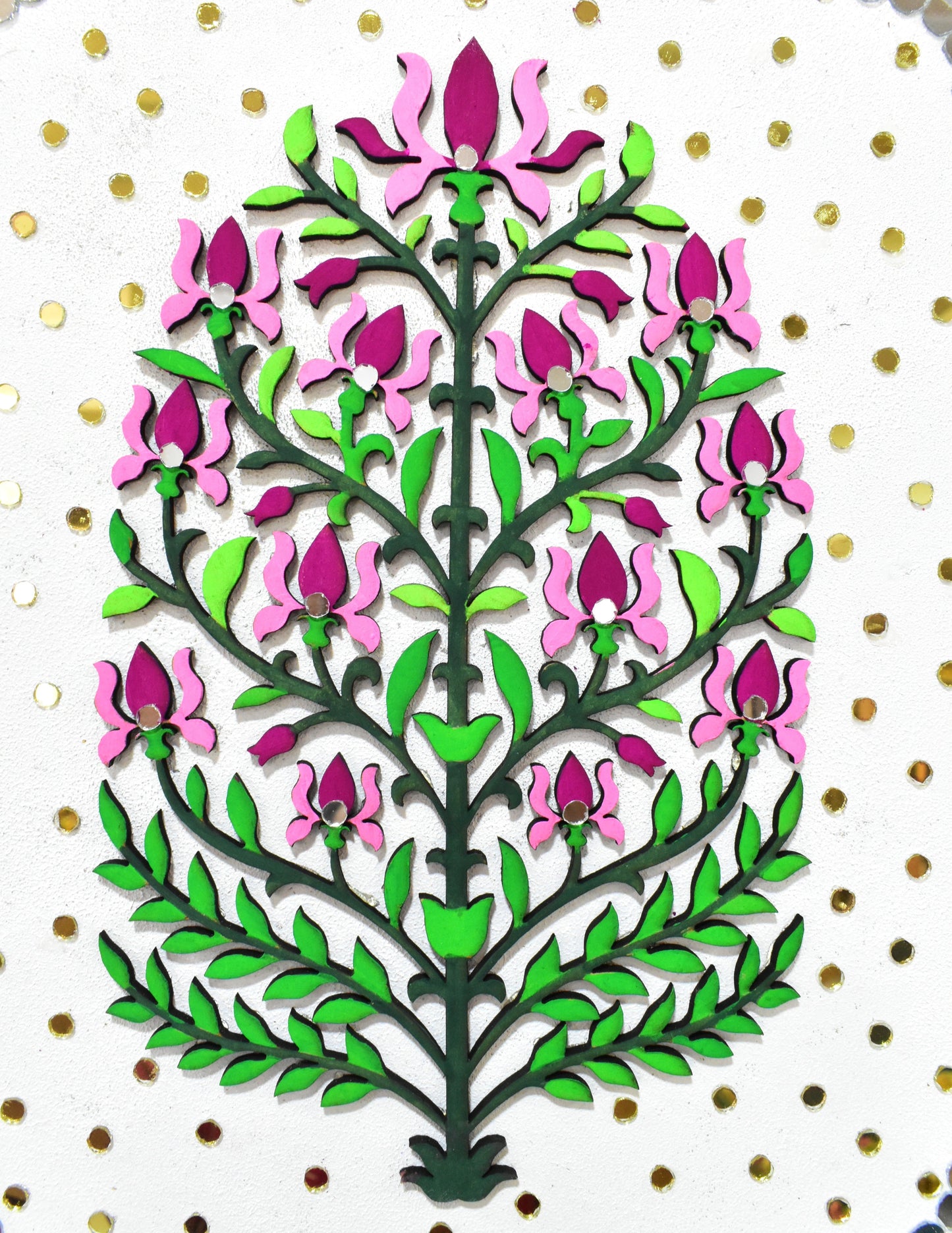 Decorative floral design with pink flowers and green leaves on a white background with gold polka dots.