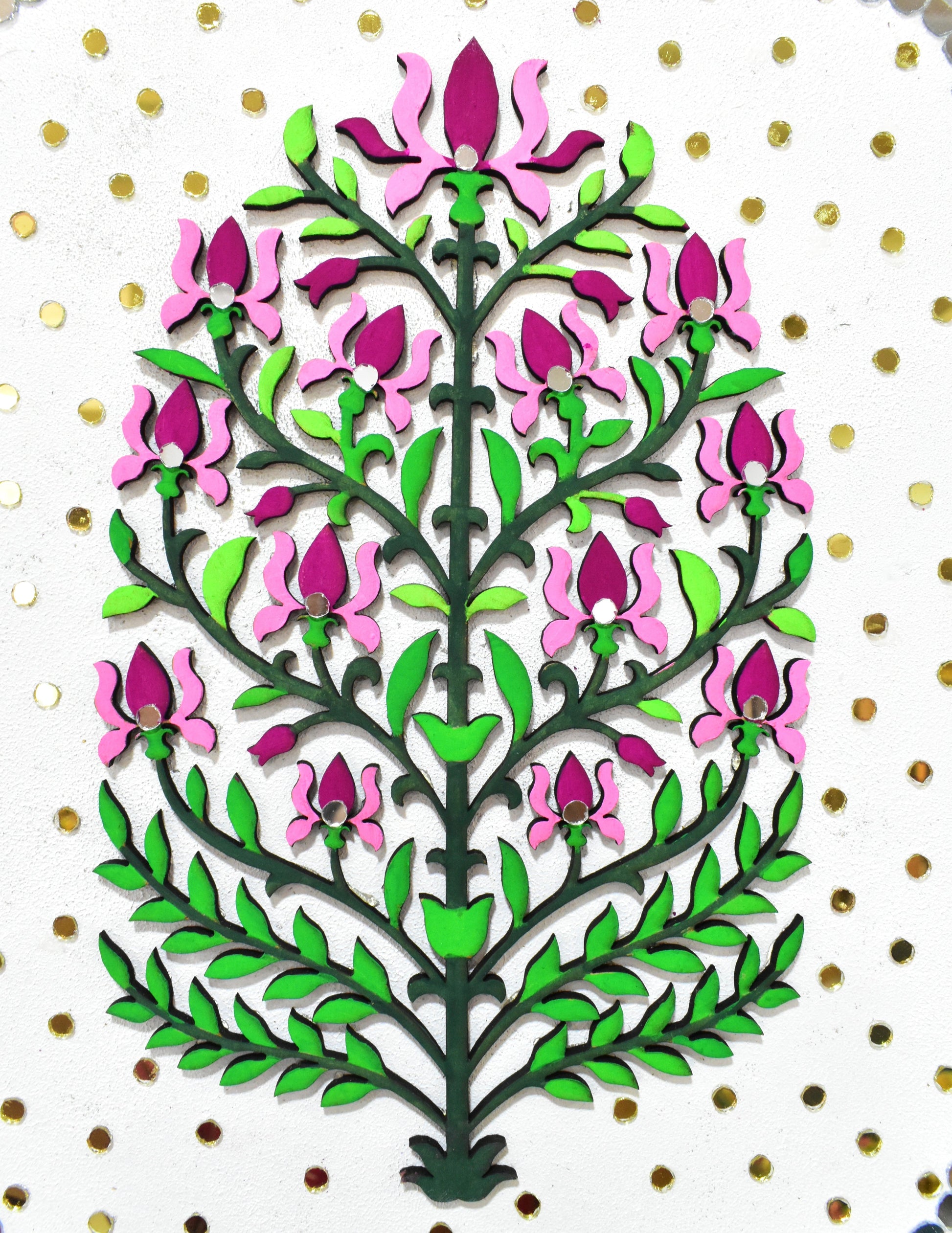Decorative floral design with pink flowers and green leaves on a white background with gold polka dots.