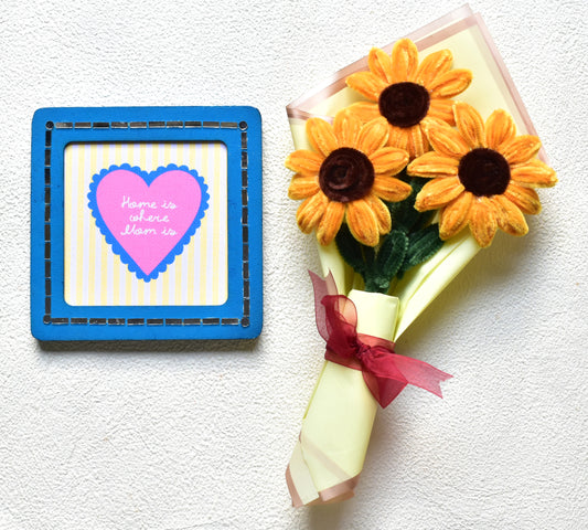 Handcraft Sunflower Bouquet & Home is where Mom Is Message Frame Hamper | Mother's Day Gift | Miraayaa