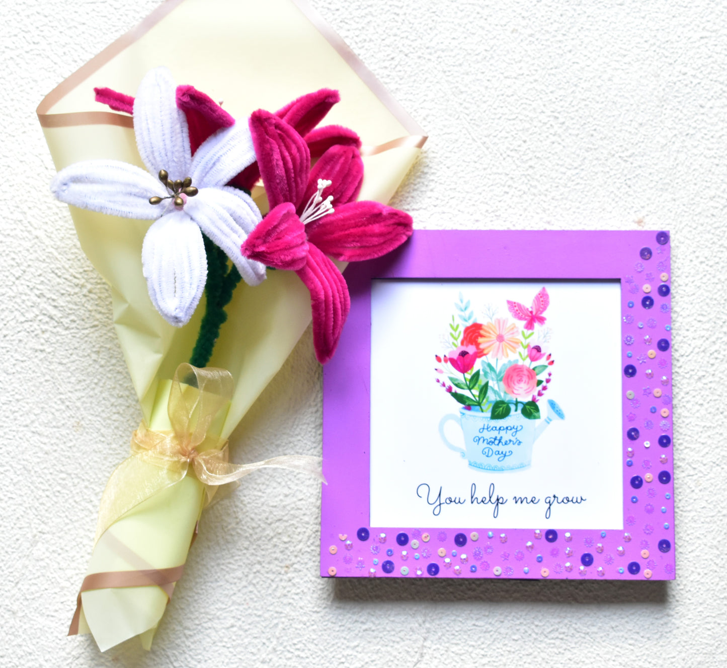 Handcraft Lily Bouquet & You Help Me Grow Message Frame Hamper | Mother's Day Gift | Miraayaa