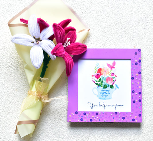 Handcraft Lily Bouquet & You Help Me Grow Message Frame Hamper | Mother's Day Gift | Miraayaa