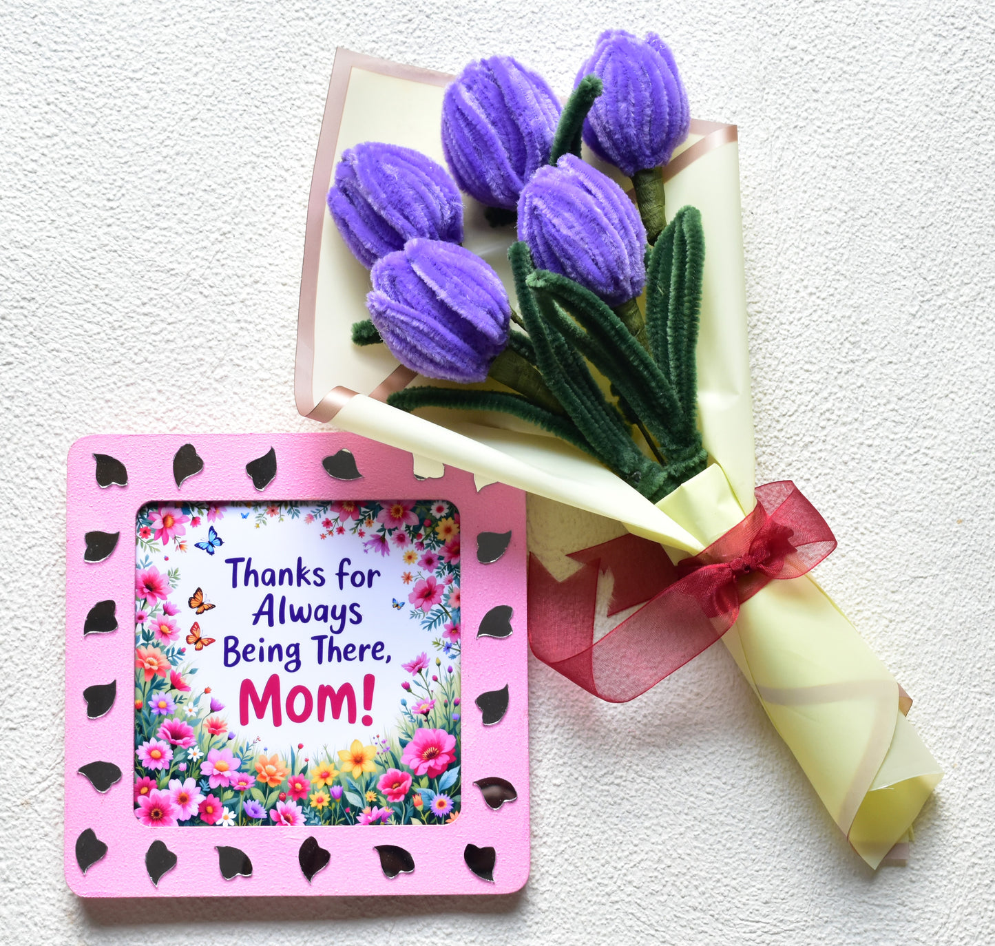 Handcraft Tulip Bouquet & Thanks for always being there, Mom Message Frame Hamper | Mother's Day Gift | Miraayaa
