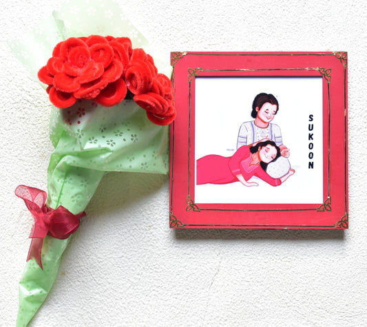Handcraft Red Flowers Bouquet & Sukoon Message Frame Hamper | Mother's Day Gift | Miraayaa
