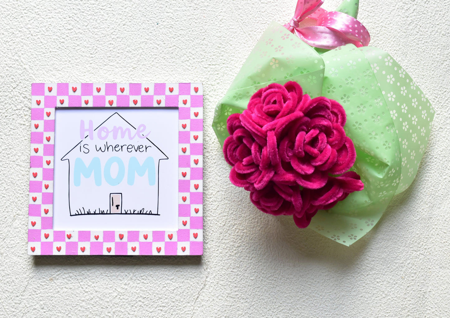 Handcraft Pink Flower Bouquet & Home is where ever Mom Is Message Frame Hamper | Mother's Day Gift | Miraayaa