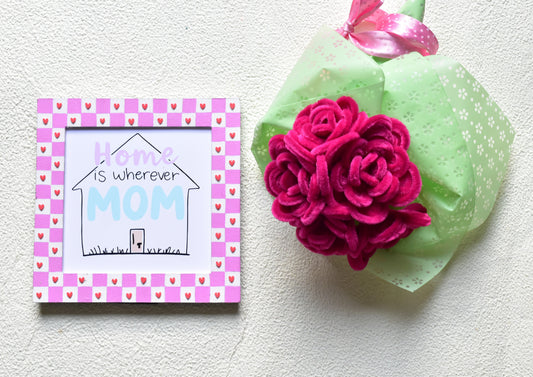 Handcraft Pink Flower Bouquet & Home is where ever Mom Is Message Frame Hamper | Mother's Day Gift | Miraayaa
