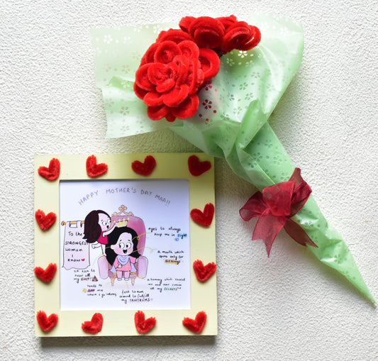 Handcraft Red Flowers Bouquet & Happy Mother's Day Maa Message Frame Hamper | Mother's Day Gift | Miraayaa