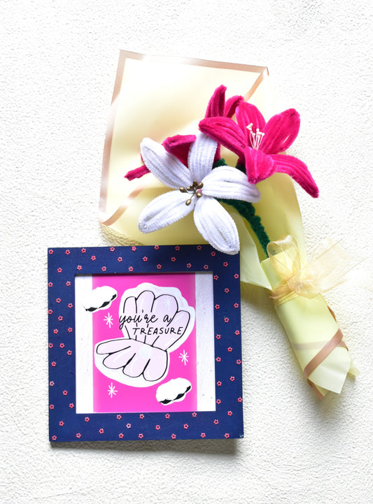 Handcraft Lily Bouquet & You Are A Treasure Message Frame Hamper | Mother's Day Gift | Miraayaa