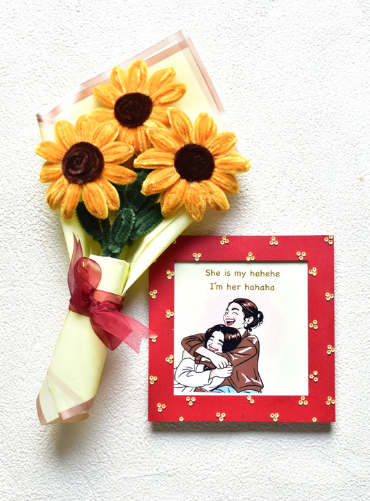 Handcraft Sunflower Bouquet & Hahahah - Hehehehe Is Message Frame Hamper | Mother's Day Gift | Miraayaa