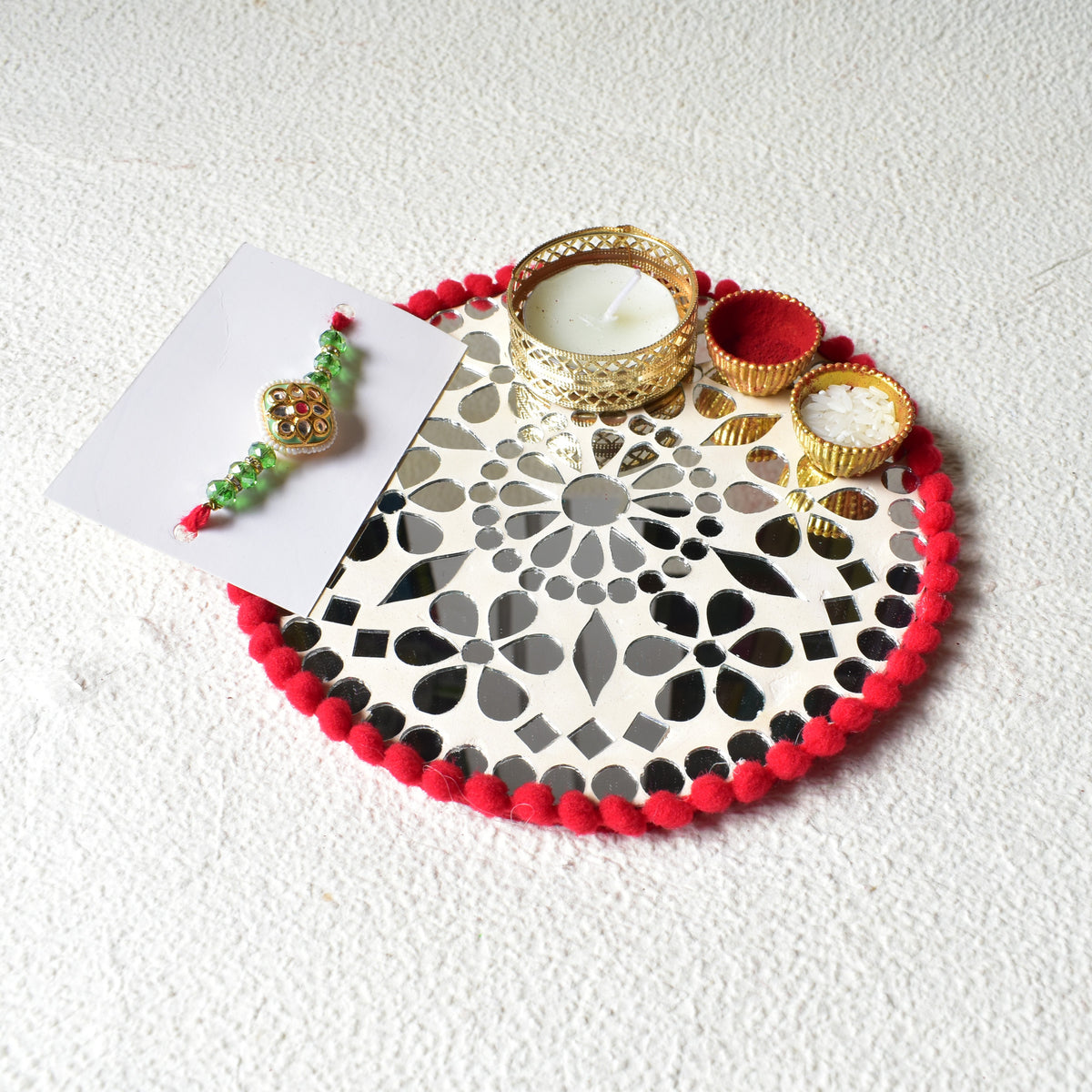 Handcrafted Cream Mirror Rakhi Platter - Circle | Raksha Bandhan Thali & Gift Set