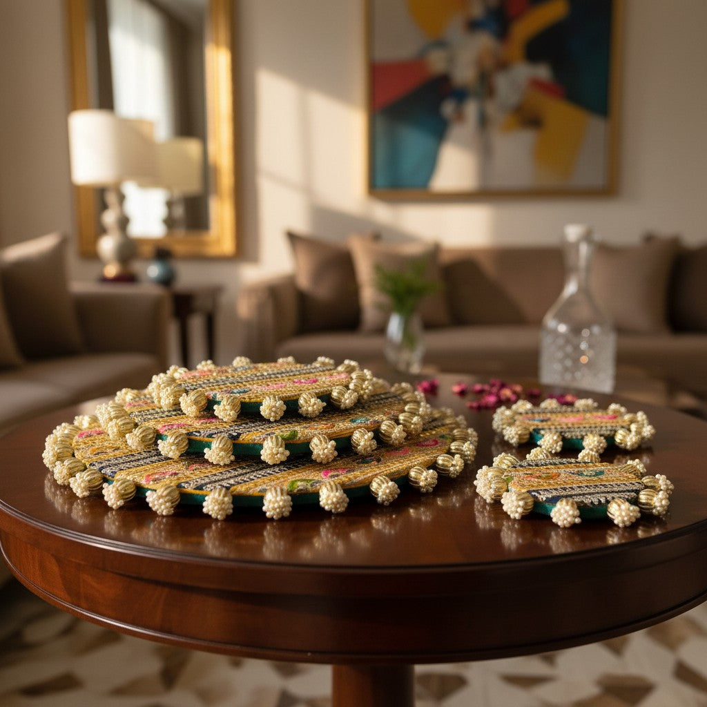 Luxury Handcrafted Decorative Platter Set for Pooja, Weddings & Festive Home Decor | Set of 5 MDF Trays