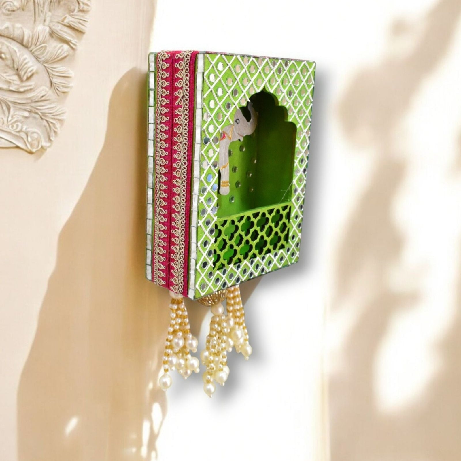 Side angle of decorative Wall hanging jharokha in green colour with elephant 