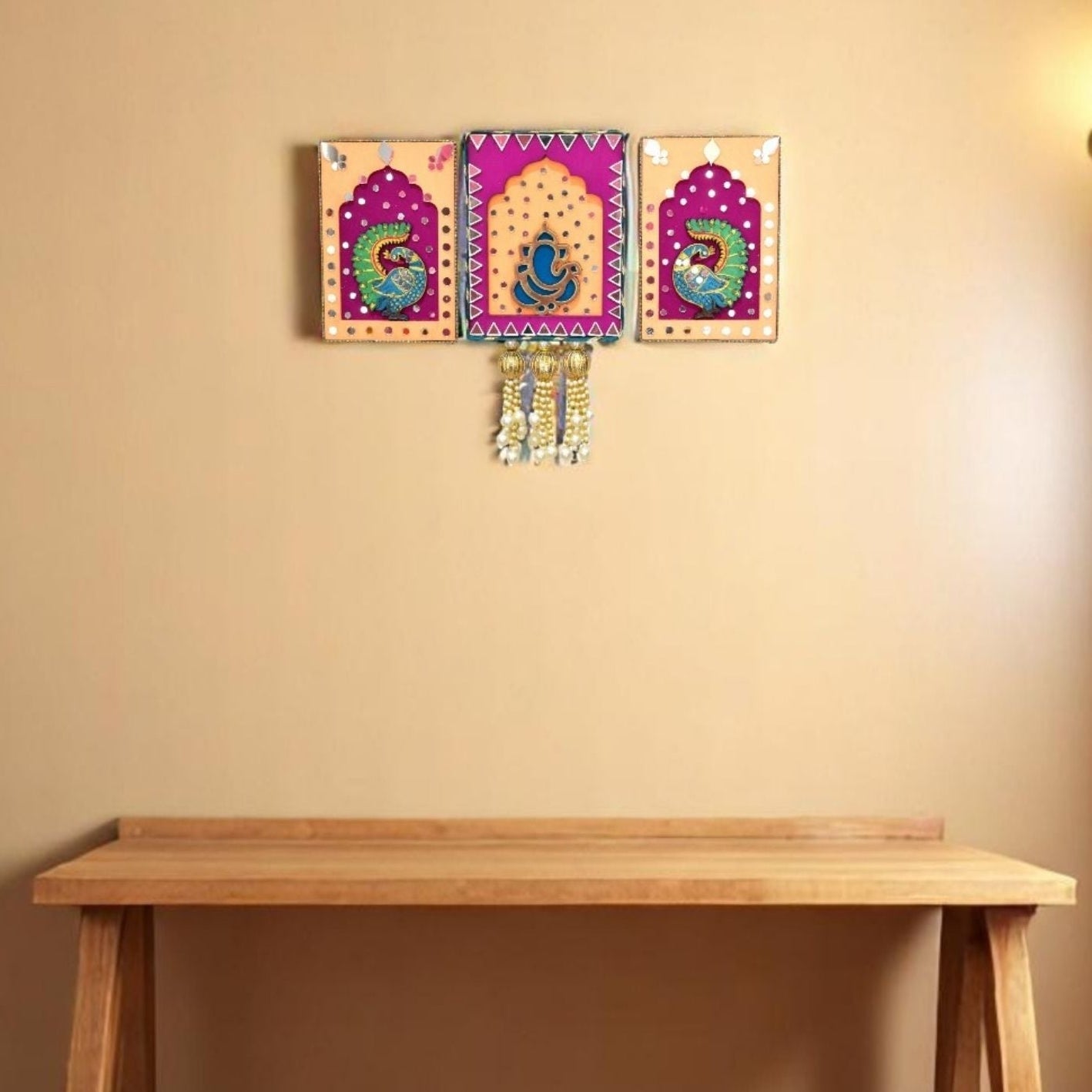 Pink & Orange handmade Ganesha & Peacock Jharokha Wall Hanging in the living room