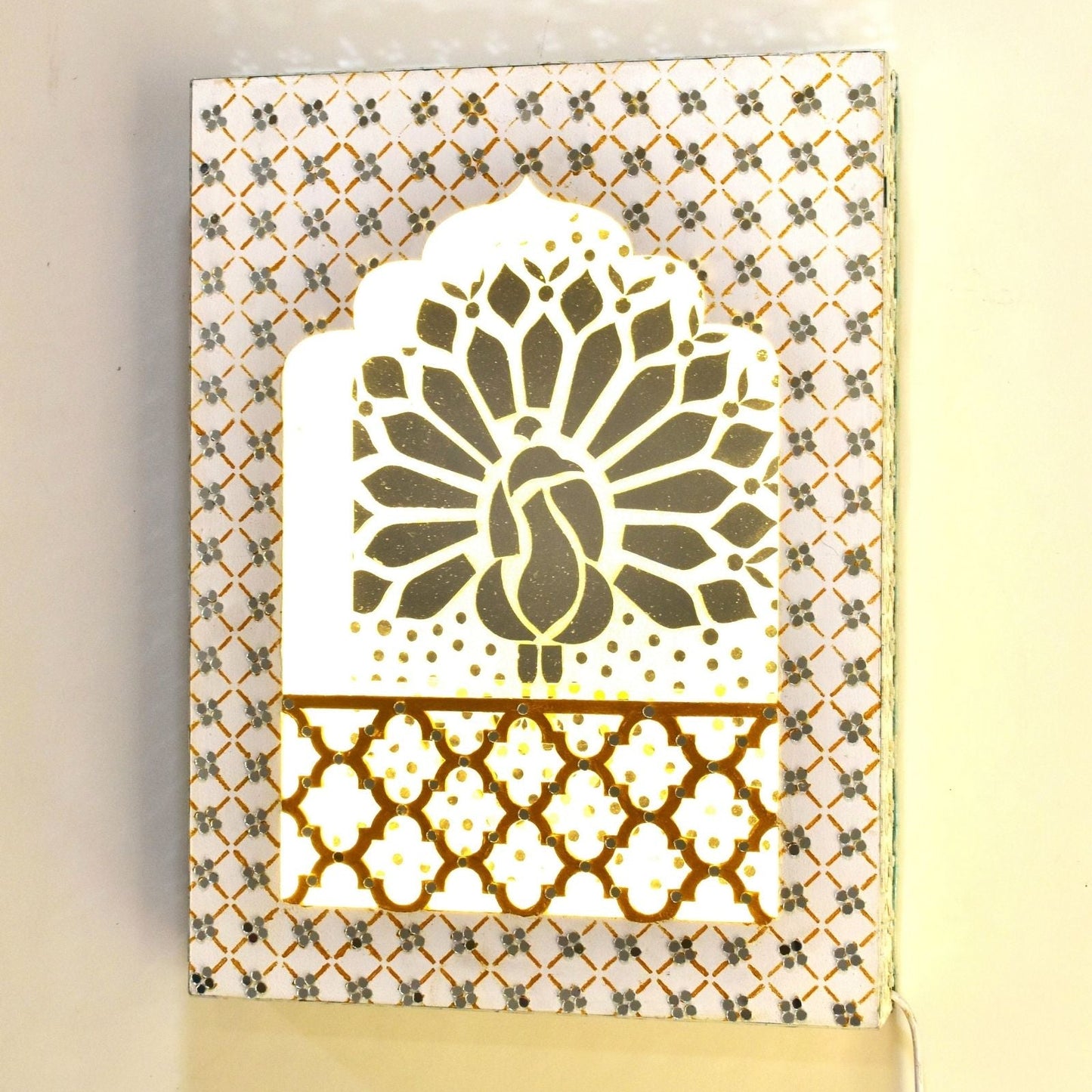 Decorative White wall art with LED lit, geometric pattern and Peacock design on a white background