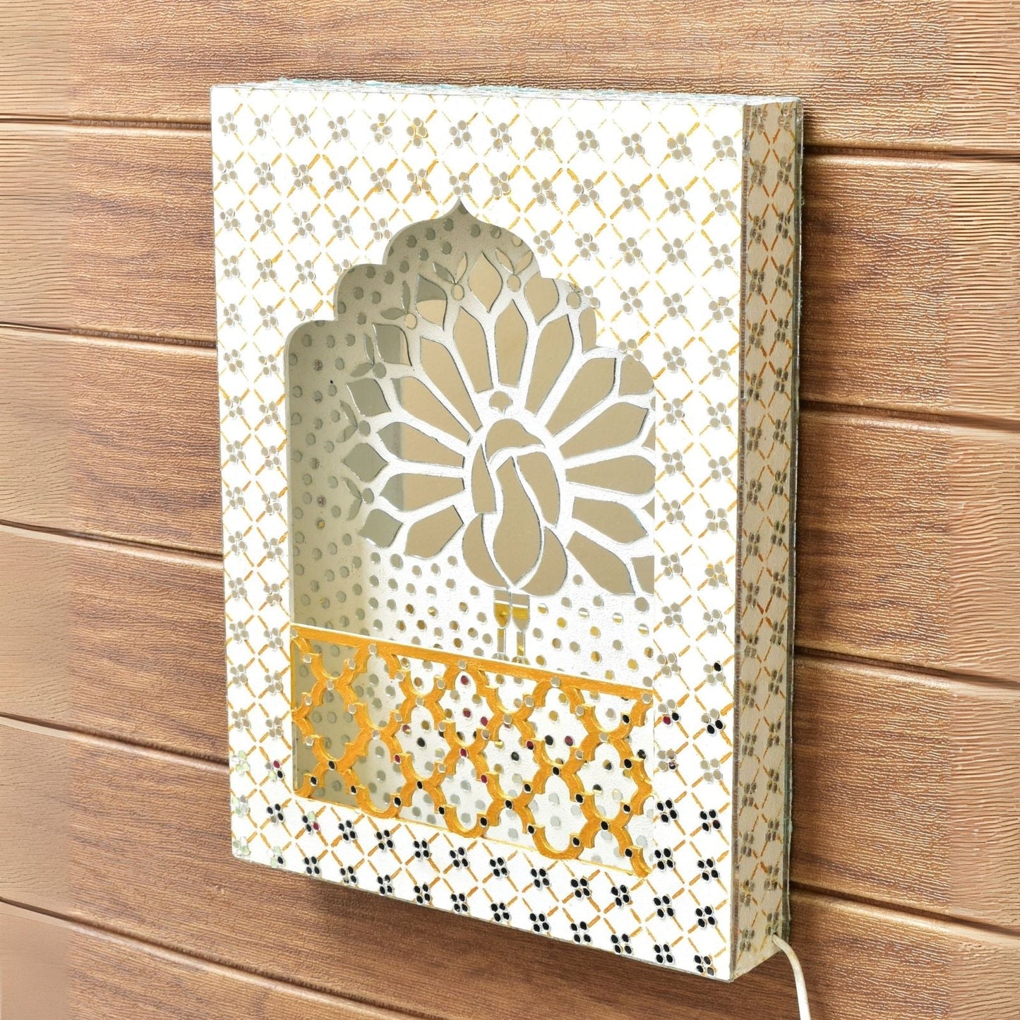 Decorative White wall art with LED lit, geometric pattern and Peacock design on a brown background