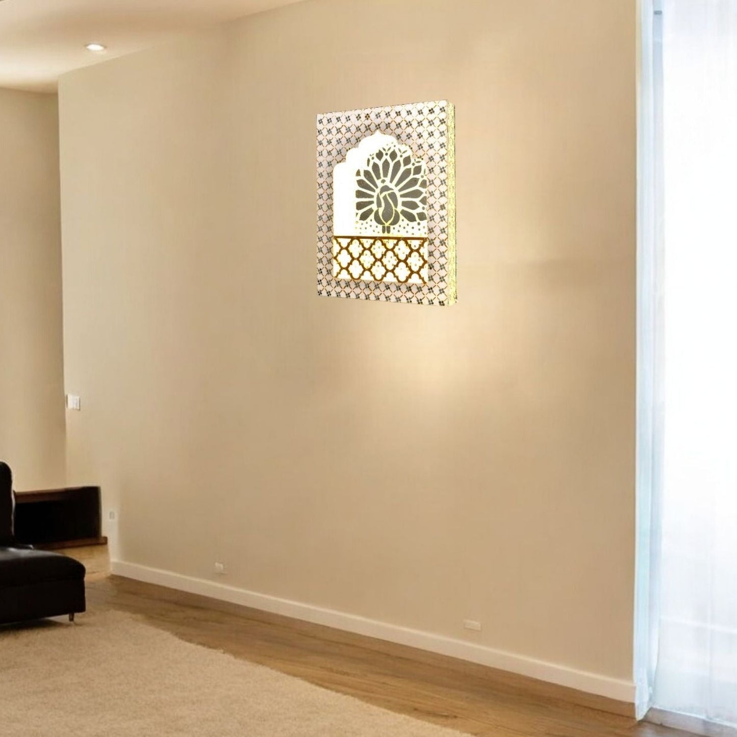 Decorative White wall art with LED lit, geometric pattern and Peacock design in the living room.