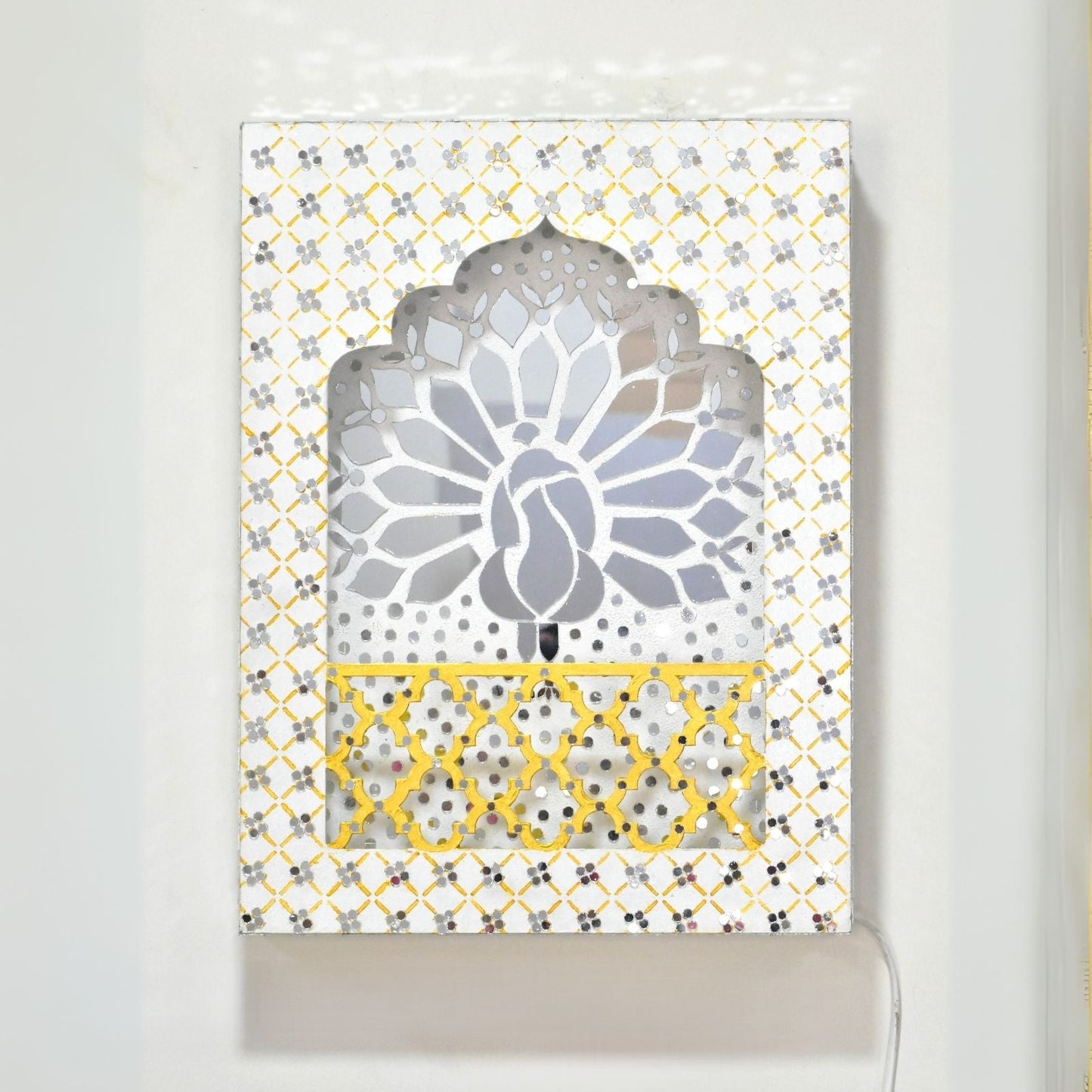 Decorative White wall art with LED lit, geometric pattern and Peacock design on a white background