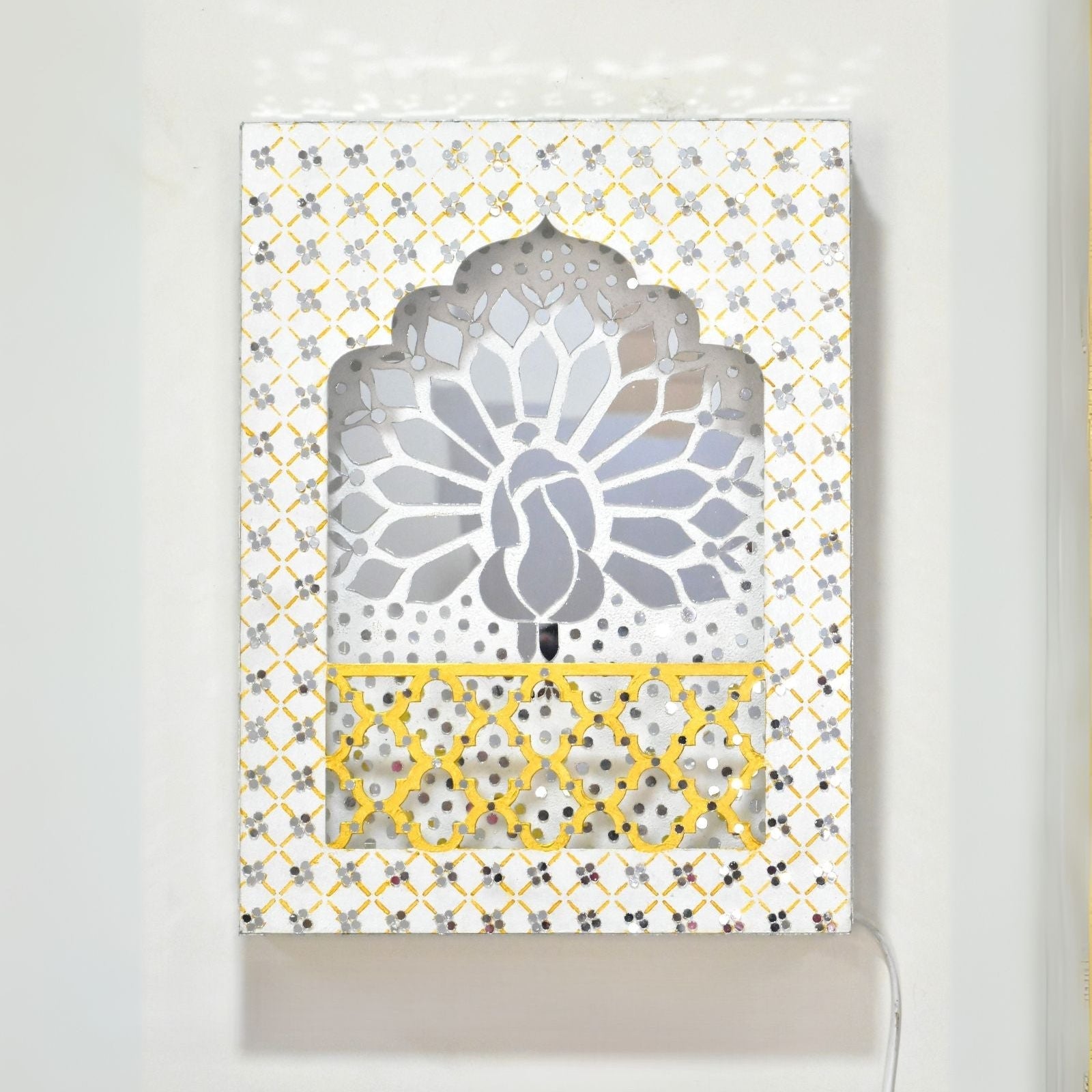 Decorative White wall art with LED lit, geometric pattern and Peacock design on a white background