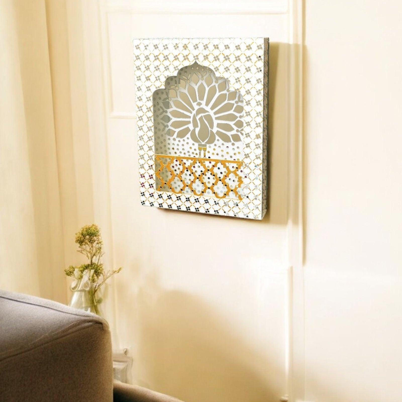 Decorative White wall art with LED lit, geometric pattern and Peacock design in the living room.