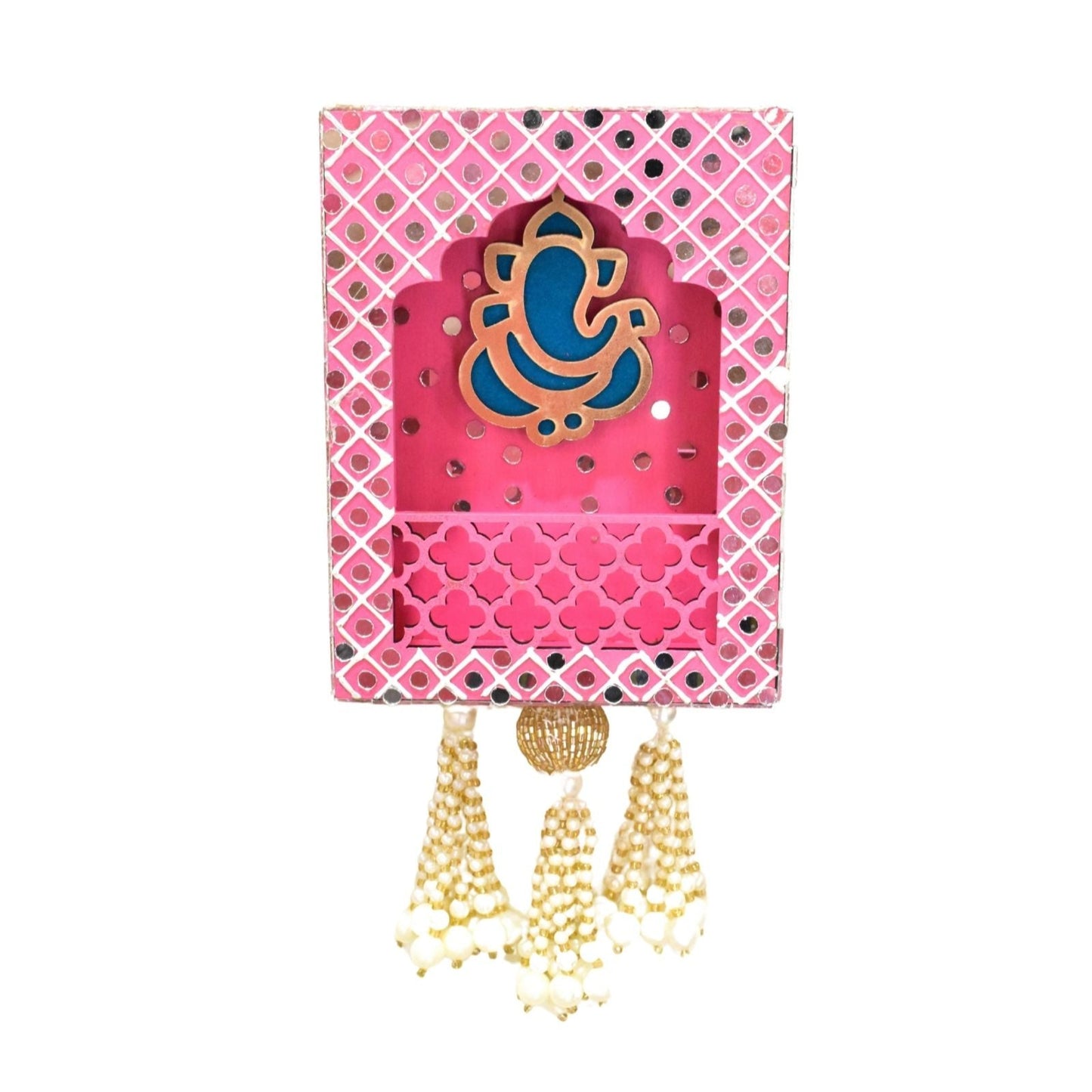 Decorative Ganpati wall hanging with pink and gold design on a white background