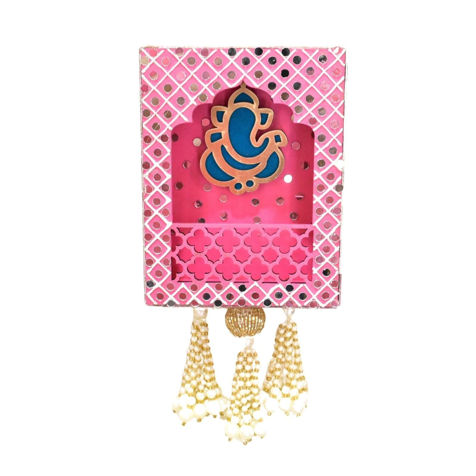 Decorative Ganpati wall hanging with pink and gold design on a white background