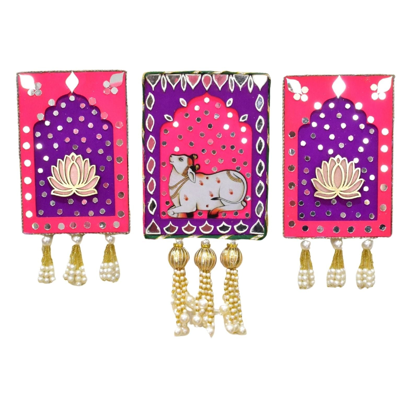 Pink and purple jharokha wall art with cow and lotus with mirrors and gold beads and pearl tassels