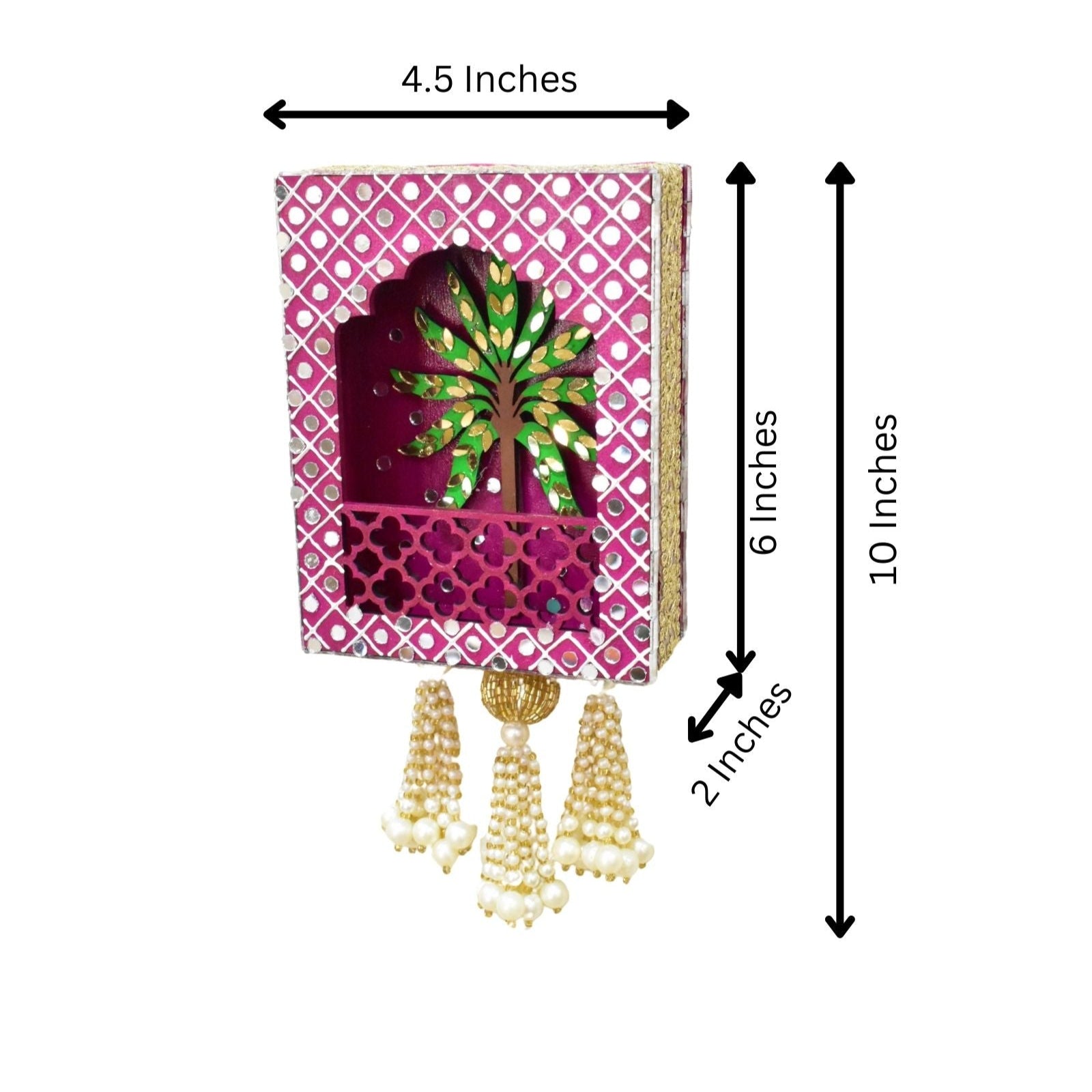 Decorative wall hanging with measurements on a white background