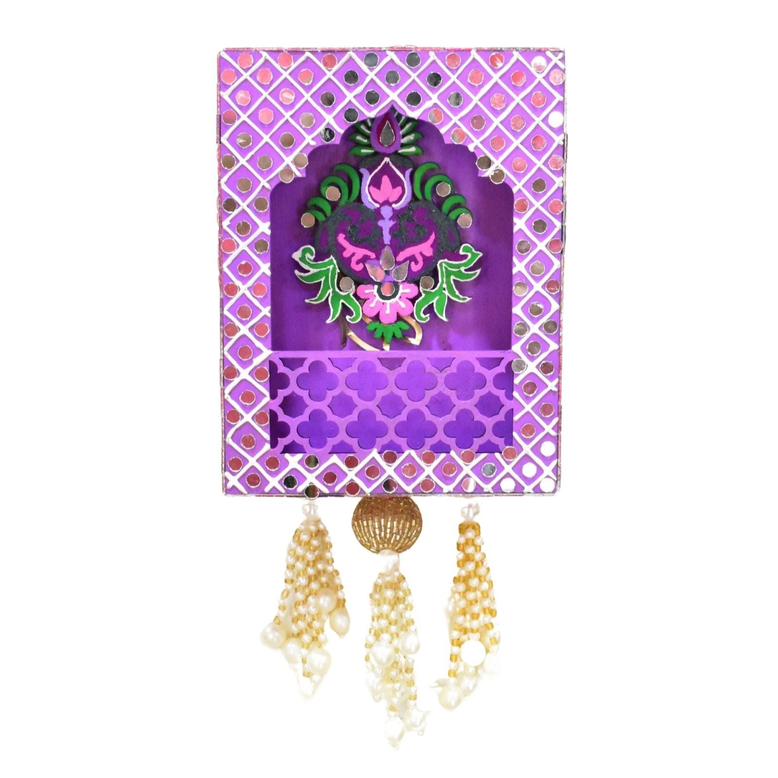 Decorative wall hanging in purple and floral design, featuring two pearl-like tassels.