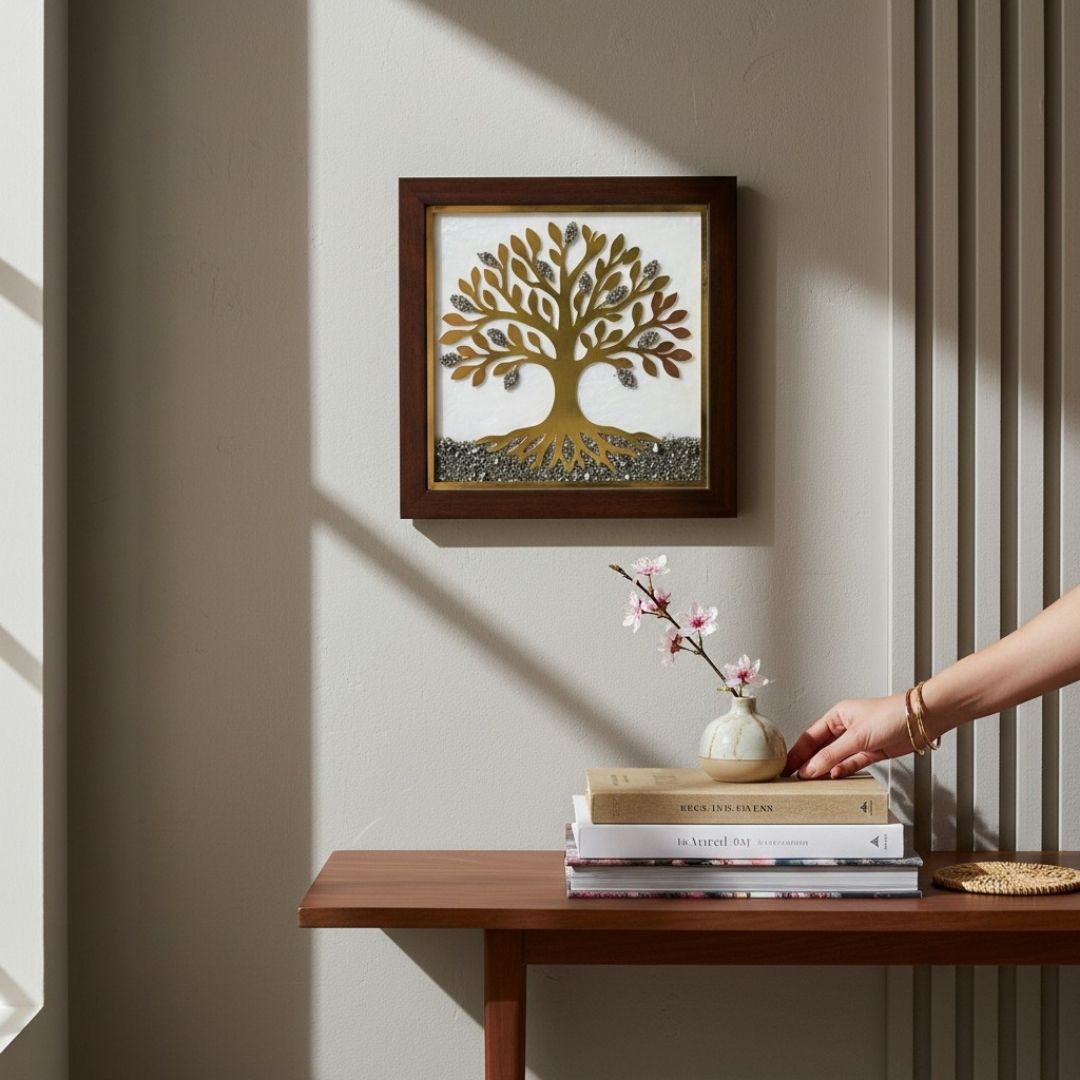 Framed artwork of a gold and white pyrite tree of life frame on a wall above a wooden table with books and a vase.