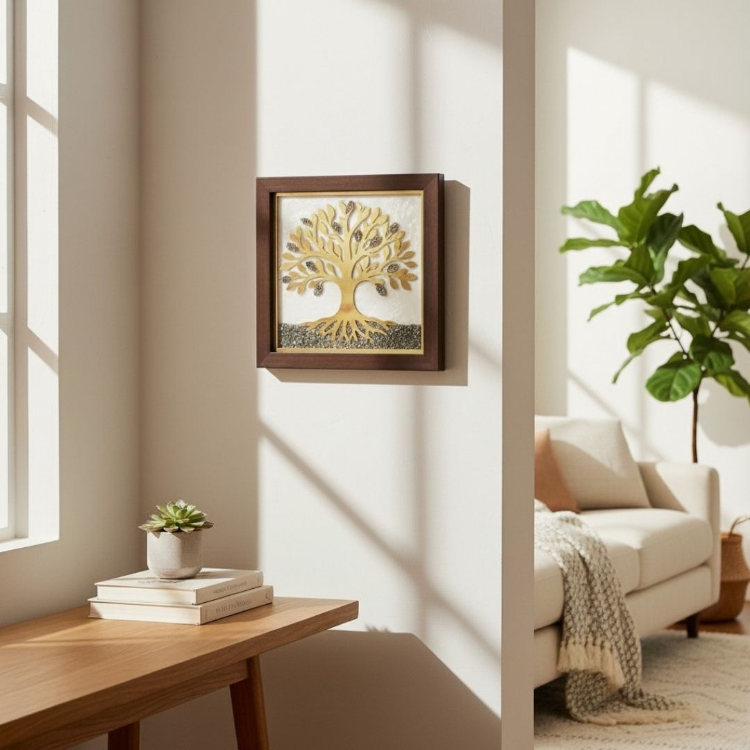 Living room with a white and gold pyrite tree of life artwork on the wall, a wooden table with books and a plant, and a couch with a blanket.