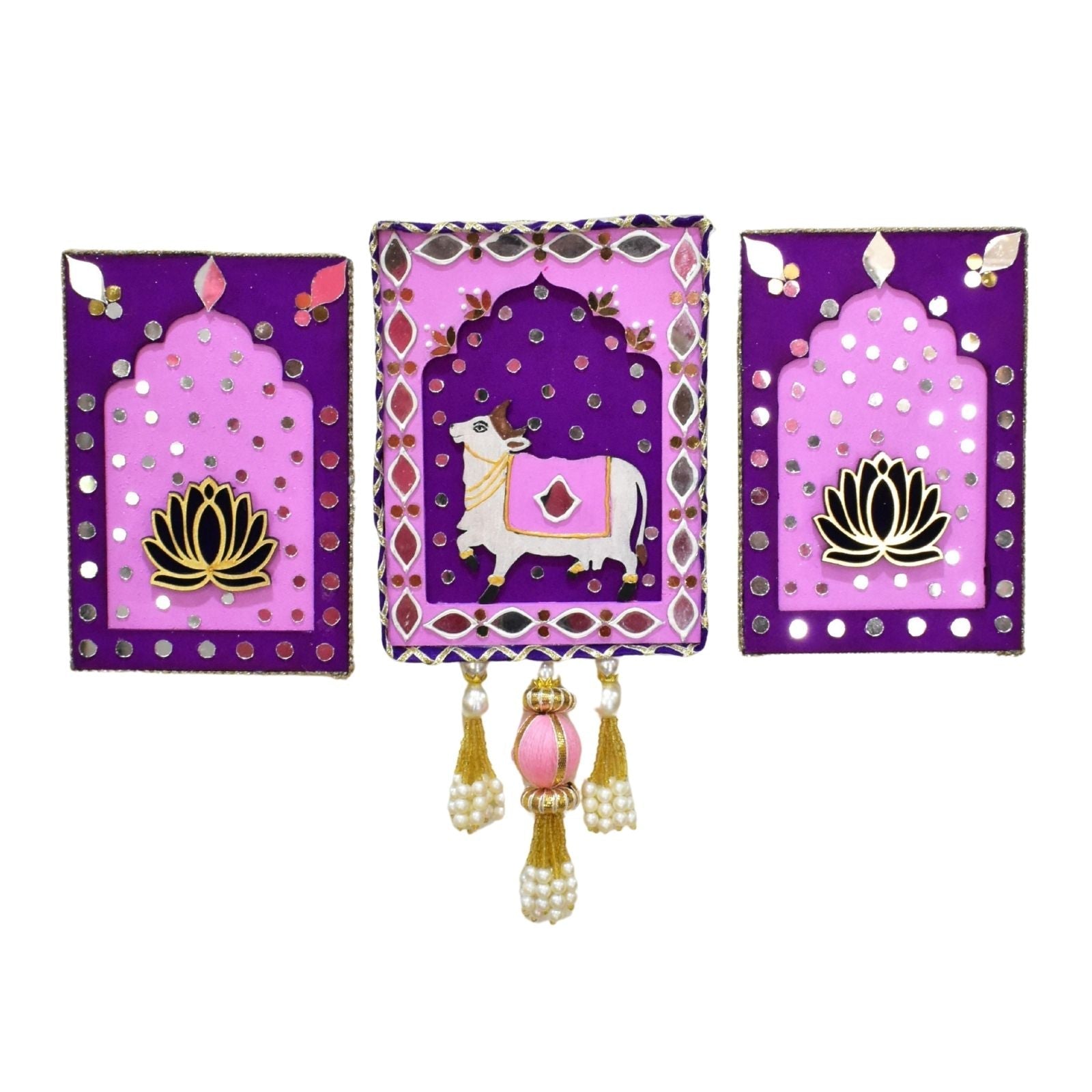 Set of three decorative jharokha with pink & purple borders and centers featuring a cow and lotus design.
