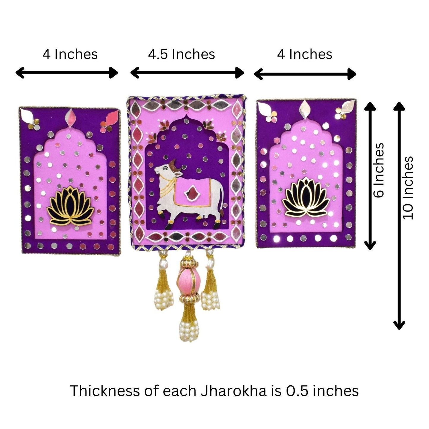 Three decorative Jharokhas with measurements on a white background