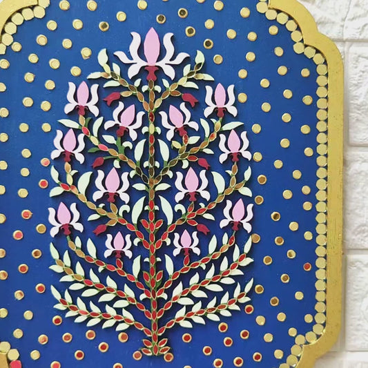 Blue Floral Art with pink lotus and mirrors on a white textured background