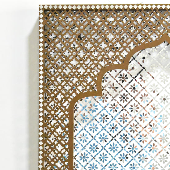 Brown Jharokha wall hanging with white mirror and intricate lattice design