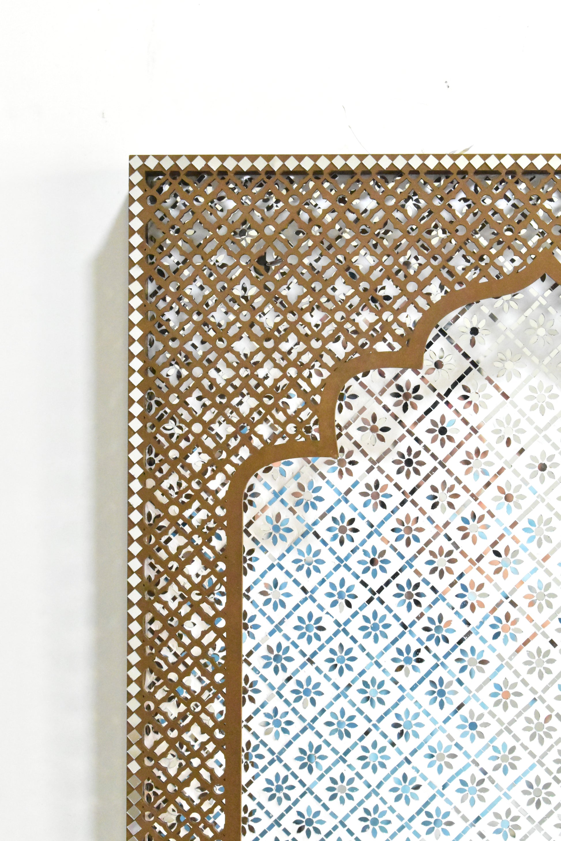 Brown Jharokha wall hanging with white mirror and intricate lattice design